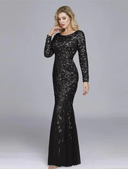Mermaid / Trumpet Empire Elegant Party Wear Formal Evening Valentine's Day Dress Jewel Neck Long Sleeve Floor Length Tulle with Embroidery 2024 / Illusion Sleeve