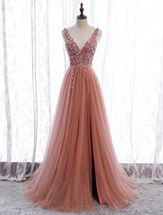 A-Line Prom Dresses Elegant Dress Party Wear Court Train Sleeveless V Neck Polyester with Pearls Embroidery