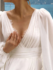 Aimishang Beach Sexy Wedding Dresses A-Line V Neck Long Sleeve Court Train Chiffon Bridal Gowns With Pleats Split Front