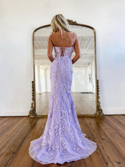 Mermaid Sweetheart Sleeveless Long Prom Dresses, Lace Evening Dresses