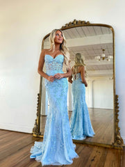 Mermaid Sweetheart Sleeveless Long Prom Dresses, Lace Evening Dresses