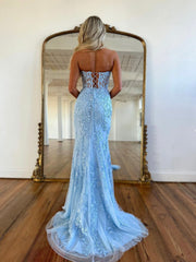 Mermaid Sweetheart Sleeveless Long Prom Dresses, Lace Evening Dresses