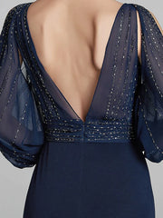 Sheath / Column Mother of the Bride Dress Sparkle & Shine Boat Neck Floor Length Chiffon Jersey Long Sleeve No with Beading Ruching