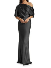 Elegant and tight fitting column shaped elastic woven satin pleats on one shoulder 1/2 sleeves and floor length bridal Mother of the Bride Dresses