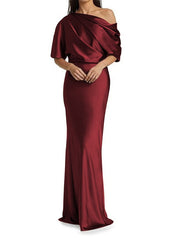 Elegant and tight fitting column shaped elastic woven satin pleats on one shoulder 1/2 sleeves and floor length bridal Mother of the Bride Dresses
