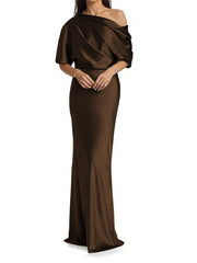 Elegant and tight fitting column shaped elastic woven satin pleats on one shoulder 1/2 sleeves and floor length bridal Mother of the Bride Dresses