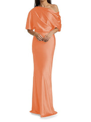Elegant and tight fitting column shaped elastic woven satin pleats on one shoulder 1/2 sleeves and floor length bridal Mother of the Bride Dresses