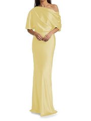 Elegant and tight fitting column shaped elastic woven satin pleats on one shoulder 1/2 sleeves and floor length bridal Mother of the Bride Dresses