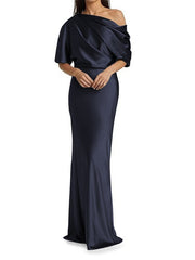 Elegant and tight fitting column shaped elastic woven satin pleats on one shoulder 1/2 sleeves and floor length bridal Mother of the Bride Dresses