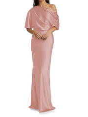 Elegant and tight fitting column shaped elastic woven satin pleats on one shoulder 1/2 sleeves and floor length bridal Mother of the Bride Dresses