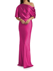 Elegant and tight fitting column shaped elastic woven satin pleats on one shoulder 1/2 sleeves and floor length bridal Mother of the Bride Dresses