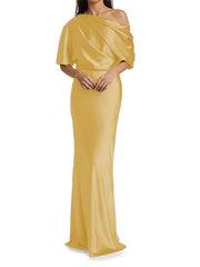 Elegant and tight fitting column shaped elastic woven satin pleats on one shoulder 1/2 sleeves and floor length bridal Mother of the Bride Dresses