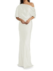 Elegant and tight fitting column shaped elastic woven satin pleats on one shoulder 1/2 sleeves and floor length bridal Mother of the Bride Dresses