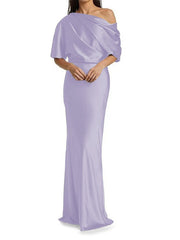 Elegant and tight fitting column shaped elastic woven satin pleats on one shoulder 1/2 sleeves and floor length bridal Mother of the Bride Dresses