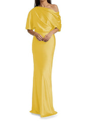 Elegant and tight fitting column shaped elastic woven satin pleats on one shoulder 1/2 sleeves and floor length bridal Mother of the Bride Dresses