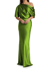 Elegant and tight fitting column shaped elastic woven satin pleats on one shoulder 1/2 sleeves and floor length bridal Mother of the Bride Dresses