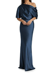 Elegant and tight fitting column shaped elastic woven satin pleats on one shoulder 1/2 sleeves and floor length bridal Mother of the Bride Dresses