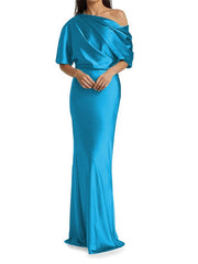 Elegant and tight fitting column shaped elastic woven satin pleats on one shoulder 1/2 sleeves and floor length bridal Mother of the Bride Dresses
