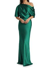 Elegant and tight fitting column shaped elastic woven satin pleats on one shoulder 1/2 sleeves and floor length bridal Mother of the Bride Dresses