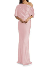 Elegant and tight fitting column shaped elastic woven satin pleats on one shoulder 1/2 sleeves and floor length bridal Mother of the Bride Dresses