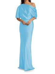 Elegant and tight fitting column shaped elastic woven satin pleats on one shoulder 1/2 sleeves and floor length bridal Mother of the Bride Dresses