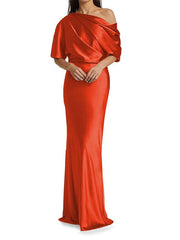 Elegant and tight fitting column shaped elastic woven satin pleats on one shoulder 1/2 sleeves and floor length bridal Mother of the Bride Dresses