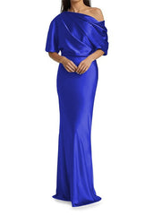 Elegant and tight fitting column shaped elastic woven satin pleats on one shoulder 1/2 sleeves and floor length bridal Mother of the Bride Dresses