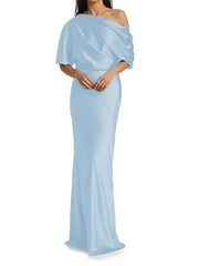 Elegant and tight fitting column shaped elastic woven satin pleats on one shoulder 1/2 sleeves and floor length bridal Mother of the Bride Dresses