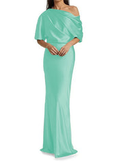 Elegant and tight fitting column shaped elastic woven satin pleats on one shoulder 1/2 sleeves and floor length bridal Mother of the Bride Dresses