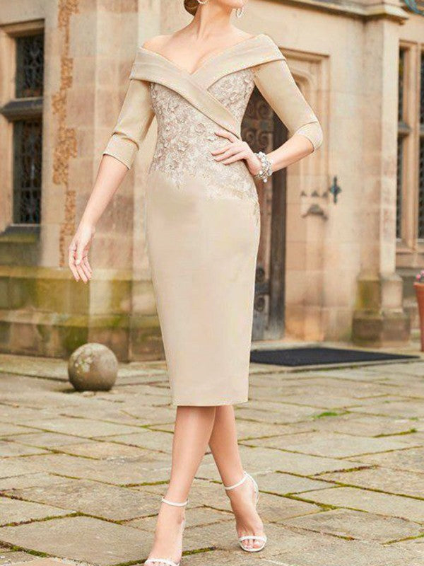 Tight fit/straight tube elastic lace patch flower exposed shoulder long bridal mother dress