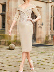 Tight fit/straight tube elastic lace patch flower exposed shoulder long bridal mother dress