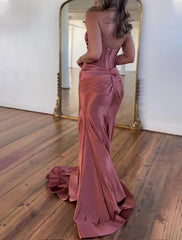 A-Line Prom Dresses Elegant Dress Formal Floor Length Sleeveless Strapless Satin with Ruched Slit