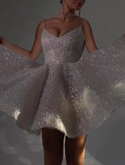 Ball Gown Homecoming Dresses Glittering Dress Graduation Cocktail Party Short / Mini Sleeveless Spaghetti Strap Tulle Backless with Glitter Sequin