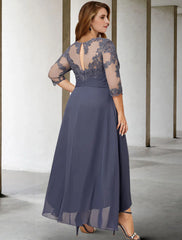 Aimishang A-Line Mother of the Bride Dresses Plus Size Hide Belly Curve Elegant Fall Wedding Guest Dress Formal Asymmetrical 3/4 Length Sleeve Jewel Neck Chiffon with Pleats Ruched Appliques