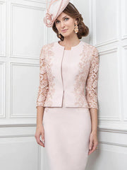Sheath / Column Mother of the Bride Dress Vintage Plus Size Elegant Jewel Neck Knee Length Satin 3/4 Length Sleeve with Lace