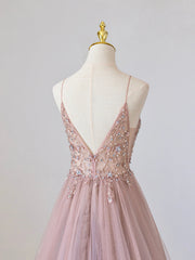 Pink V-Neck Tulle Long Prom Dress with Beaded, Pink Spaghetti Strap Evening Dress