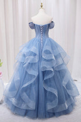 Blue Tulle Layers Long Prom Gown, A-Line Blue Evening Dress