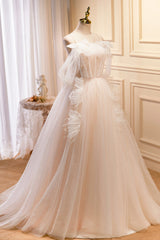 Champagne Tulle Long Prom Dress, Spaghetti Strap Evening Dress with Bow