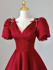 Burgundy V-Neck Satin Long Prom Dress, Burgundy Formal Evening Dress