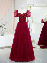 Burgundy Tulle Beaded Long Prom Dress, A-Line Short Sleeve Evening Dress