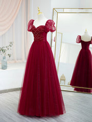 Burgundy Tulle Beaded Long Prom Dress, A-Line Short Sleeve Evening Dress