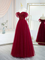 Burgundy Tulle Beaded Long Prom Dress, A-Line Short Sleeve Evening Dress