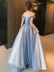 Blue Spaghetti Straps Tulle Long Prom Dress, Cute A-Line Evening Dress