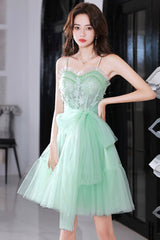 Green Tulle Lace Short Prom Dress, A-Line Evening Party Dress