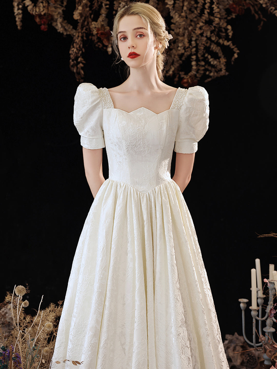 Cute Satin Long Prom Dress, A-Line Short Sleeve Evening Party Dress