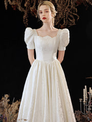 Cute Satin Long Prom Dress, A-Line Short Sleeve Evening Party Dress