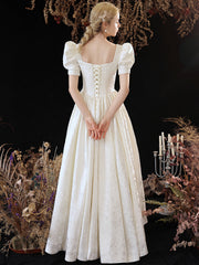 Cute Satin Long Prom Dress, A-Line Short Sleeve Evening Party Dress