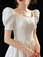 Cute Satin Long Prom Dress, A-Line Short Sleeve Evening Party Dress