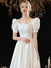 Cute Satin Long Prom Dress, A-Line Short Sleeve Evening Party Dress