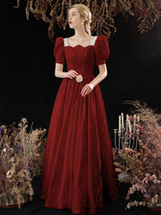Cute Satin Long Prom Dress, A-Line Short Sleeve Evening Party Dress